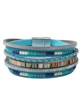 Blue Leather Multi Layer Shimmer Magnetic Bracelet